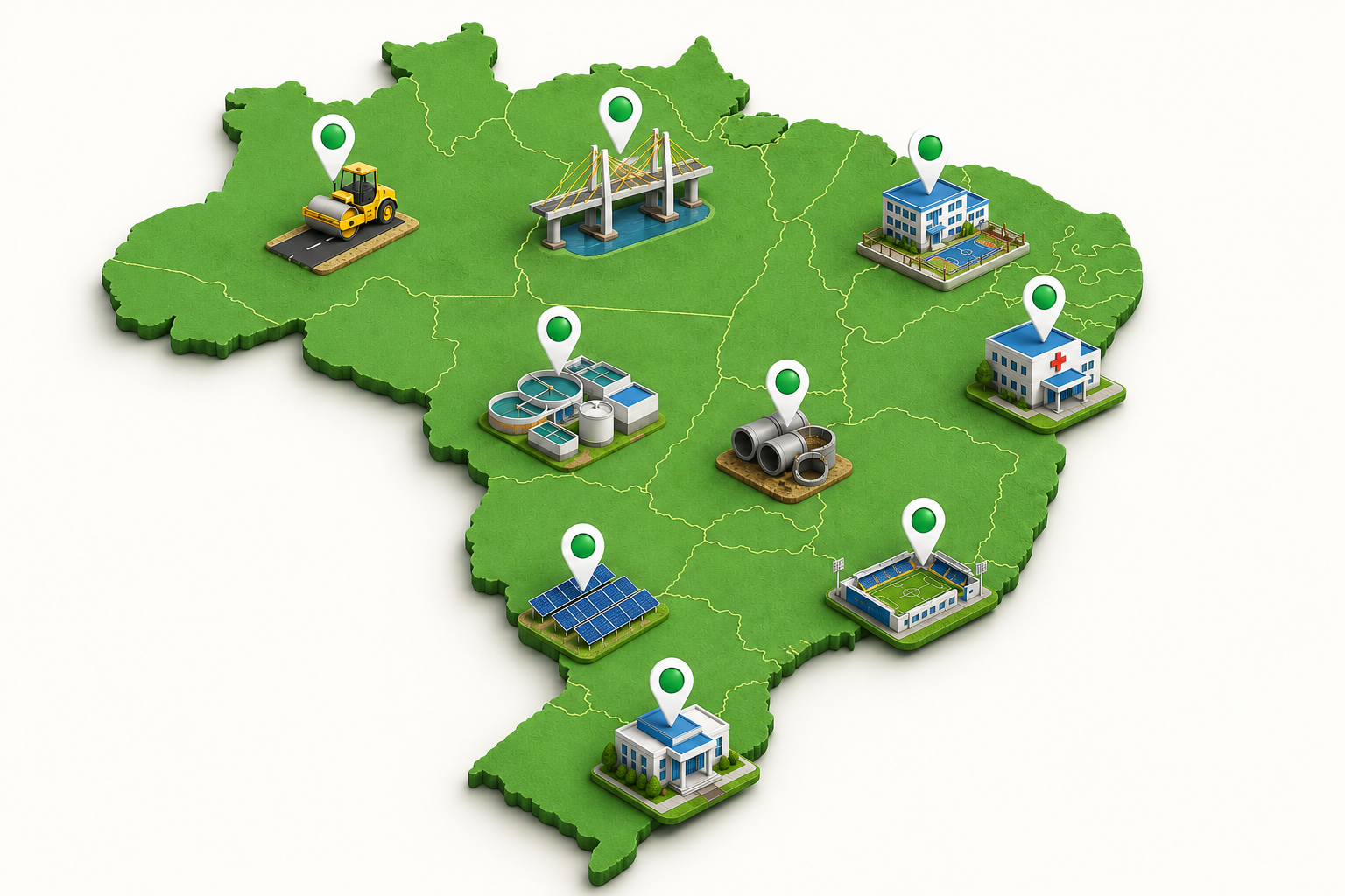 Mapa renderizado do Brasil com obras públicas geolocalizadas, incluindo pavimentação, pontes, saneamento, saúde e edificações